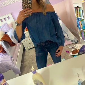 denim off the shoulder shirt